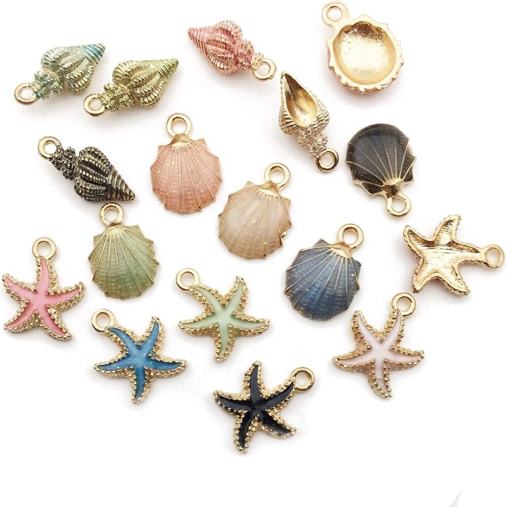 30pcs Assorted Gold Plated Enamel Ocean Starfish Conch Shell Charm Pendant for D